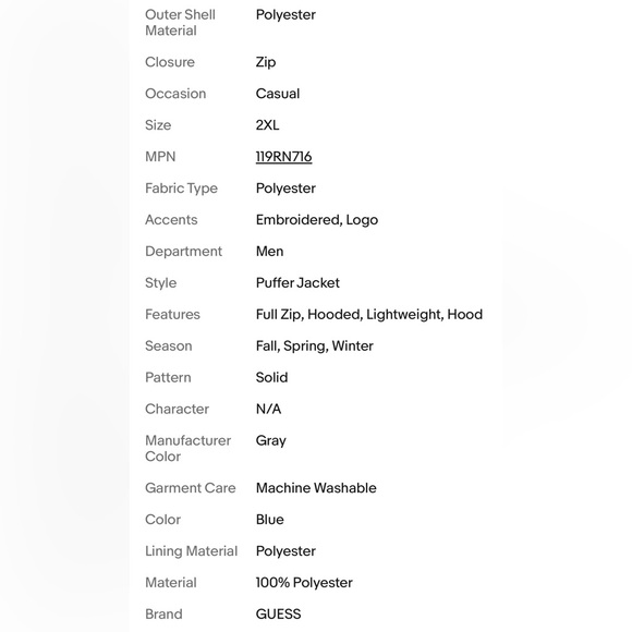 NWT Guess Blue Men’s XXL Puffer Jacket Removable hood - Picture 7 of 8